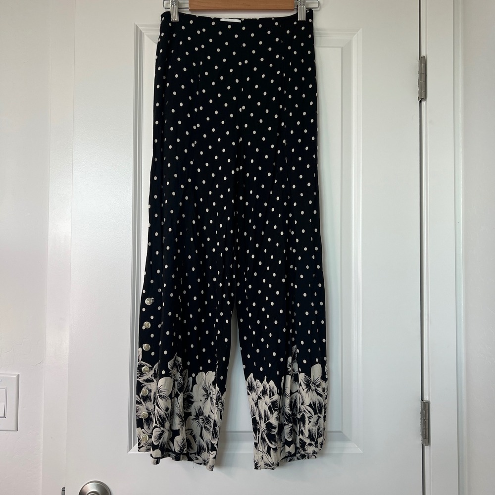 Anthropologie‎ Ett:Twa Black Polka Dot Floral Trim Cropped Wide Leg Pants